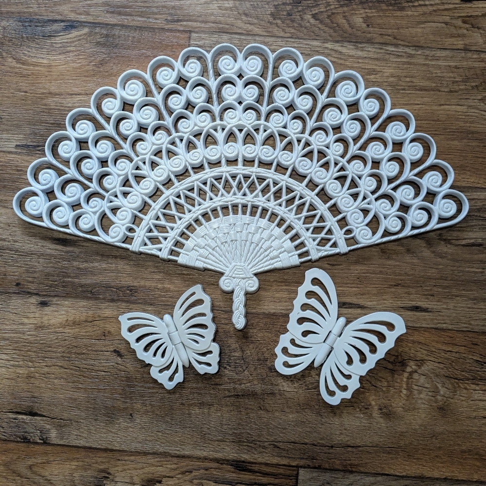 Vtg Burwood Fan Butterflies Hollywood regency Wall Decor Butterfly Plaques